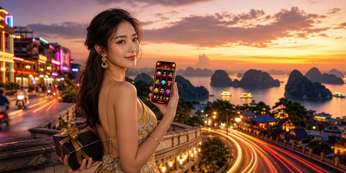 Hình ảnh neon sống động gợi nhớ cảnh Vịnh Hạ Long về đêm kết hợp chủ đề slot game giải trí