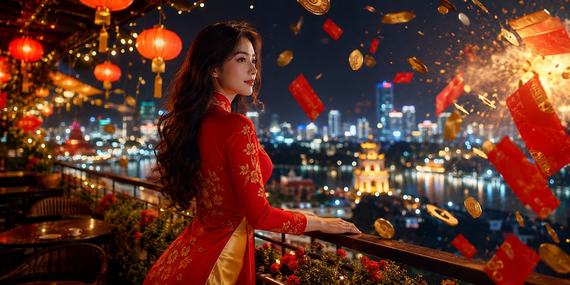 Cô gái Việt Nam trong trang phục áo dài nhận phong bì đỏ may mắn