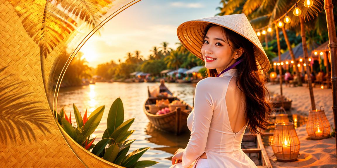 Người phụ nữ đội nón lá tại vùng Mekong xem thông tin thưởng xổ số trên điện thoại