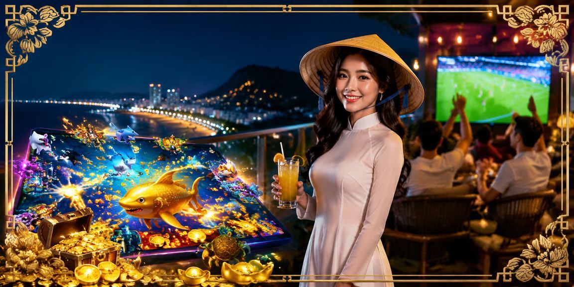 Người phụ nữ đội nón lá tại Vũng Tàu sử dụng điện thoại để xem ưu đãi cá cược buổi chiều bên bờ biển
